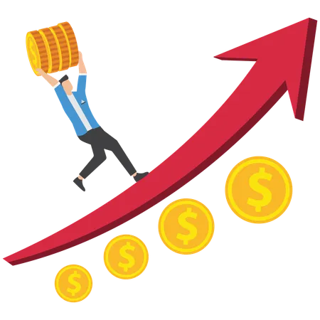Empresário carrega moeda ao longo da seta crescente  Ilustração