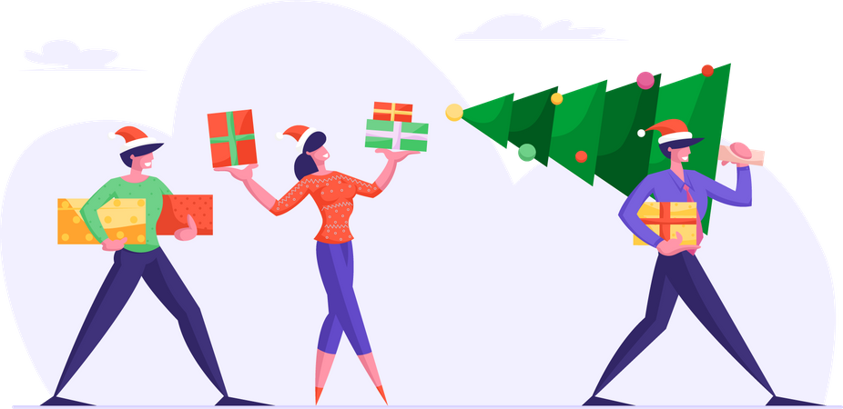 Empresário carregando árvore de Natal se preparando para as férias de inverno  Ilustração