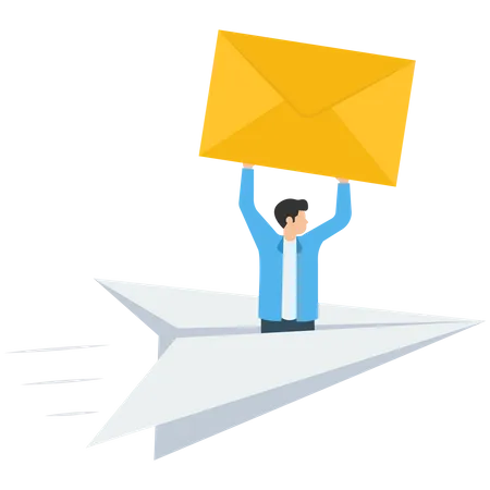 Empresário carregando um grande envelope de e-mail voando para o endereço do destinatário  Ilustração