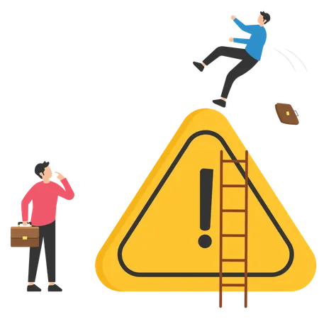 Un hombre de negocios cauteloso resbala cayendo sobre el símbolo de exclamación, tenga cuidado  Ilustración