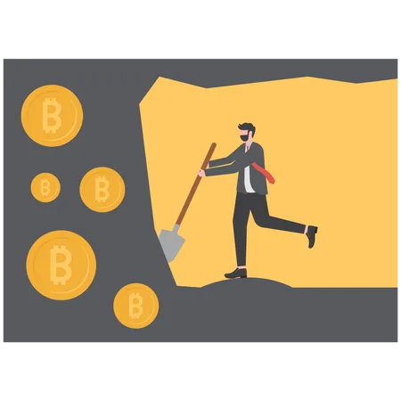 Empresario cavando Bitcoin con una pala.  Ilustración