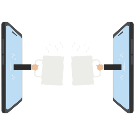 Empresário toca uma xícara de café em um telefone celular  Ilustração