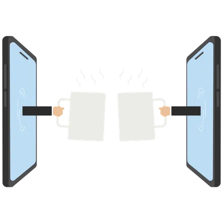Empresário toca uma xícara de café em um telefone celular  Ilustração