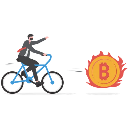 Inversionista empresario codicioso persiguiendo intentar atrapar fuego volando bitcoin  Ilustración