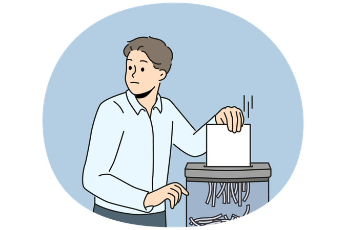 Empresário coloca documento em triturador  Ilustração