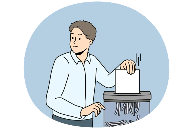 Empresário coloca documento em triturador  Ilustração