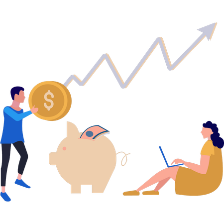 Empresário colocando moeda de dólar no cofrinho  Ilustração