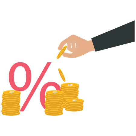 Empresário colocando uma moeda de dólar americano em um símbolo de porcentagem  Ilustração