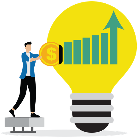 Hombre de negocios colocando una moneda en una bombilla mientras se eleva el gráfico  Ilustración