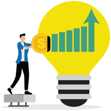 Hombre de negocios colocando una moneda en una bombilla mientras se eleva el gráfico  Ilustración