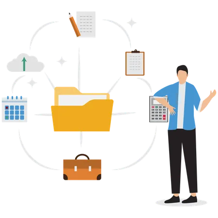 Empresário colocando vários documentos em pasta  Ilustração