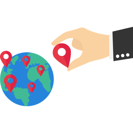 Empresário colocou novo alfinete de filial no mapa mundial em todo o mundo  Ilustração