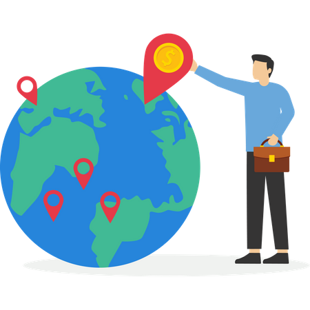 Empresário colocou novo alfinete de filial no mapa mundial  Ilustração