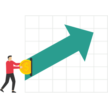 Empresário colocou moeda no valor da seta verde para cima  Ilustração