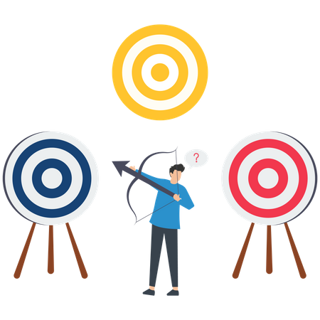 Empresário com arco e flecha olha para vários alvos  Ilustração