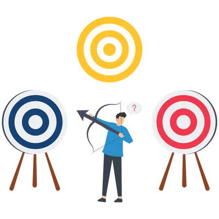 Empresário com arco e flecha olha para vários alvos  Ilustração