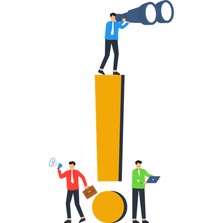 Empresário com binóculos no ponto de exclamação Trabalho em equipe  Ilustração