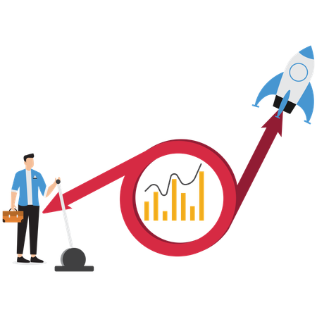 Empresário com botão de partida e foguete decolando no gráfico  Ilustração