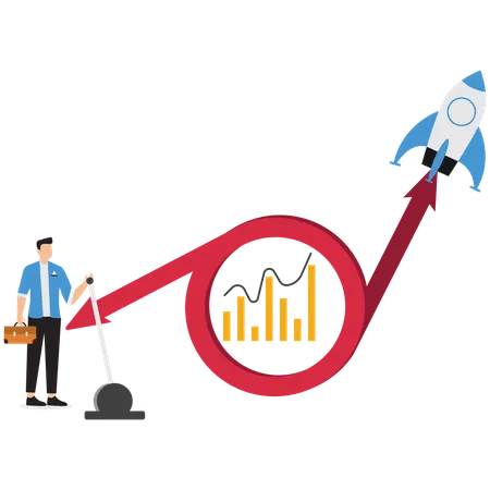 Empresário com botão de partida e foguete decolando no gráfico  Ilustração