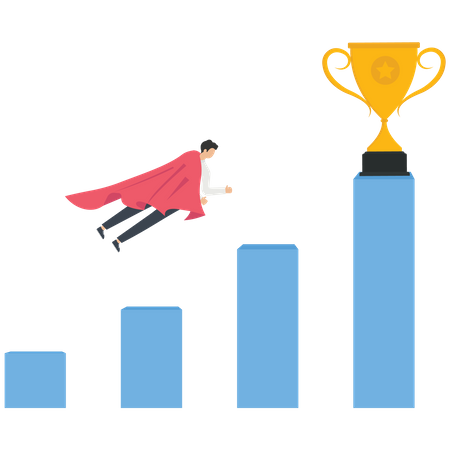 Empresário com uma capa vermelha voando para um troféu no topo do gráfico  Ilustração