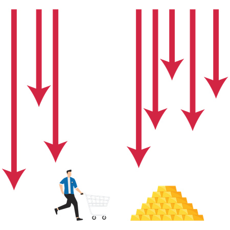 Empresário com carrinho de compras fugindo do ataque do gráfico de tendência de baixa e tentando comprar ouro  Ilustração