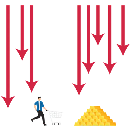 Empresário com carrinho de compras fugindo do ataque do gráfico de tendência de baixa e tentando comprar ouro  Ilustração