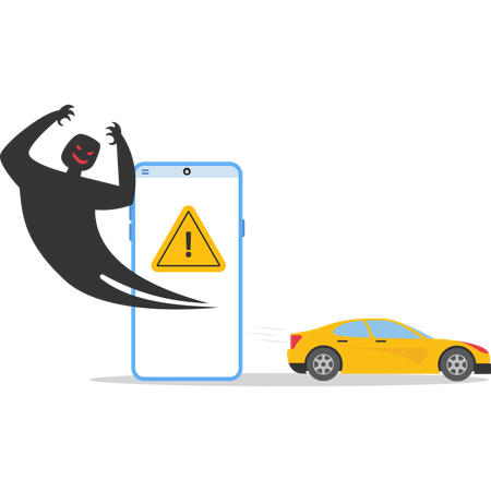 Empresário com carro fugindo do smartphone  Ilustração