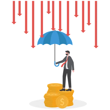 Empresário com guarda-chuva protegendo chuva de flechas em crise econômica  Ilustração