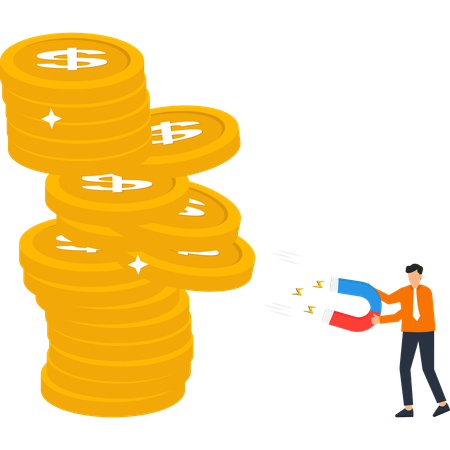 Empresário com ímã puxando moedas de ouro sucesso financeiro  Ilustração