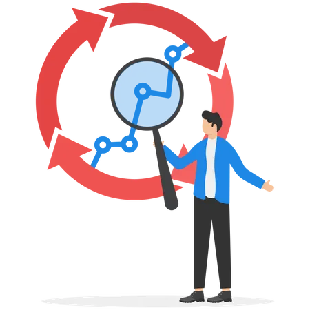 Empresário com lupa no diagrama do ciclo econômico  Ilustração