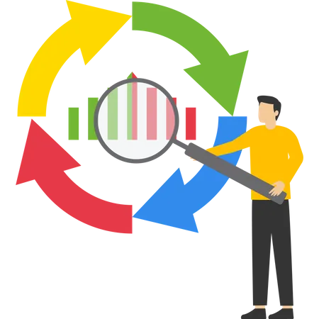 Empresário com lupa no diagrama do ciclo econômico  Ilustração