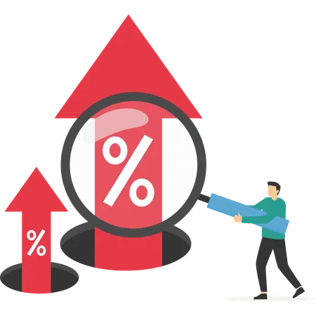 Empresário com lupa para ver a altura do gráfico percentual  Ilustração