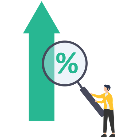 Empresário com lupa para ver o gráfico percentual  Ilustração