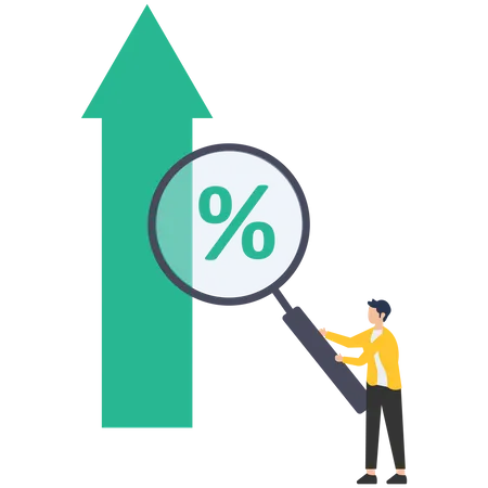 Empresário com lupa para ver o gráfico percentual  Ilustração