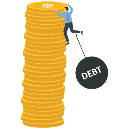 Empresário com dívidas penduradas em uma pilha de moedas  Ilustração