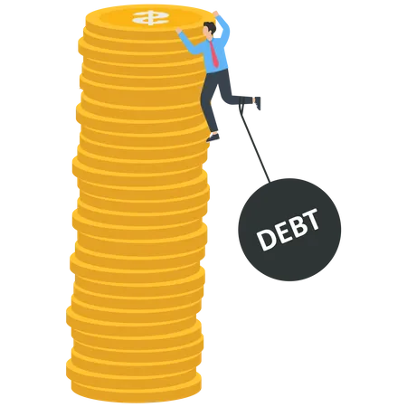 Empresário com dívidas penduradas em uma pilha de moedas  Ilustração