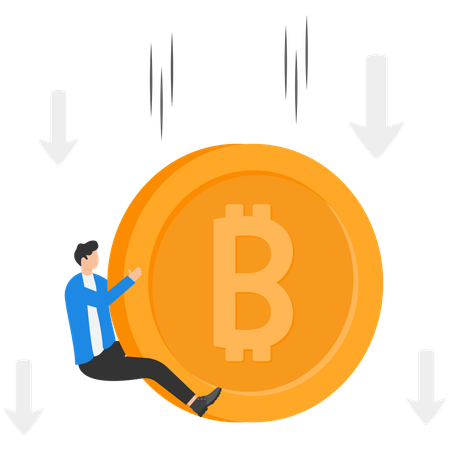 Empresário com queda no preço do bitcoin voando para baixo  Ilustração