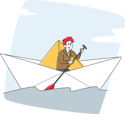 Empresário com remo em barco de papel  Ilustração