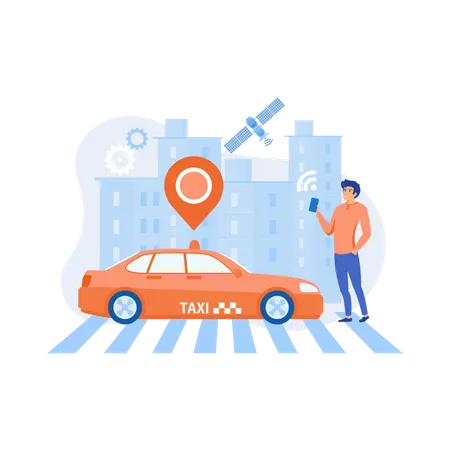 Empresário com smartphone pegando táxi sem motorista com sensores e pino de localização  Ilustração