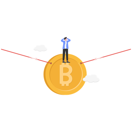 Empresário com traços quebrados e medo na corda pendurada enorme bitcoin  Ilustração