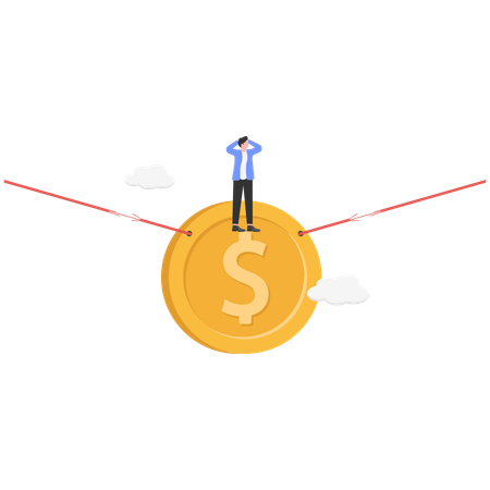 Empresário com traços quebrados e medo na corda pendurada enorme cifrão  Ilustração