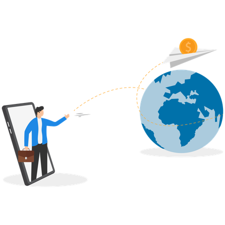 Empresário com um telefone e envia uma transferência de dinheiro ao redor do mundo  Ilustração