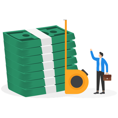 Empresário com uma pasta perto de uma pilha alta de notas de dólar, crescimento de renda ou grande prêmio  Ilustração