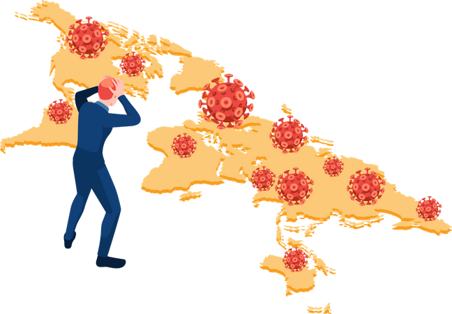 Empresário com vírus COVID-19 no mapa mundial  Ilustração