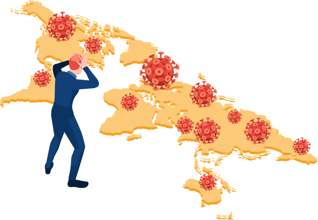 Empresário com vírus COVID-19 no mapa mundial  Ilustração