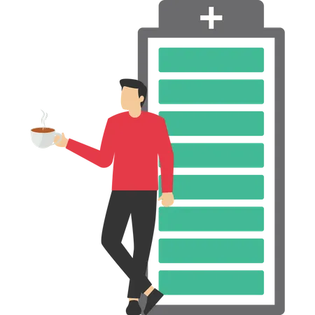 Empresário cheio de energia segurando uma xícara de café  Ilustração