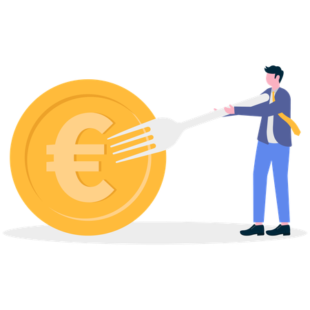 Hombre de negocios comiendo una moneda de euro  Ilustración