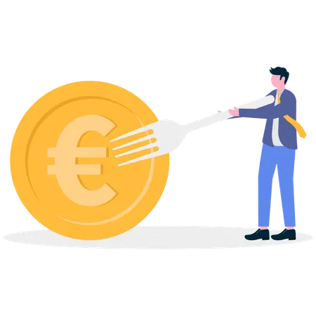 Hombre de negocios comiendo una moneda de euro  Ilustración