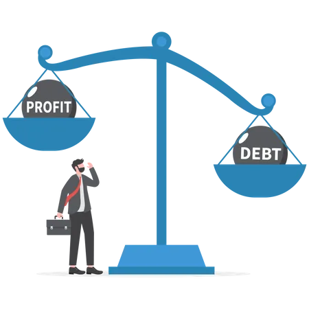 Comparación de empresarios entre ganancias y deudas en escalas  Ilustración