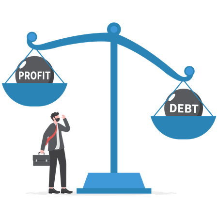 Empresário compara lucro e dívida em escalas  Ilustração